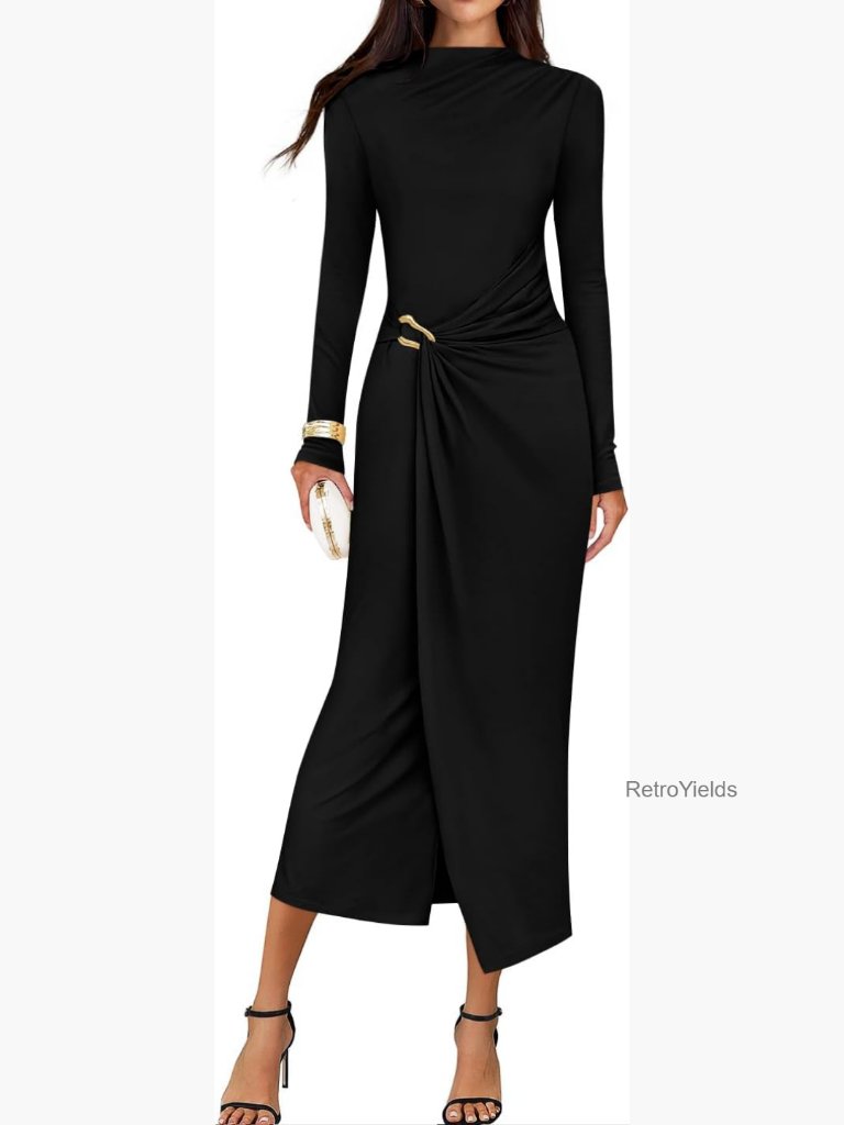 Long Sleeve Bodycon Midi Dress Mock Neck Cocktail Party Guest Dress